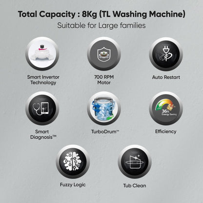 एलजी 8 किलो स्मार्ट इन्वर्टर, स्मार्ट मोशन, टर्बोड्रम और 5 स्टार रेटेड के साथ संयुक्त, मिडिल फ्री फुली ऑटोमैटिक टॉप लोड वॉशिंग मशीन सिल्वर - T80SKSF1Z