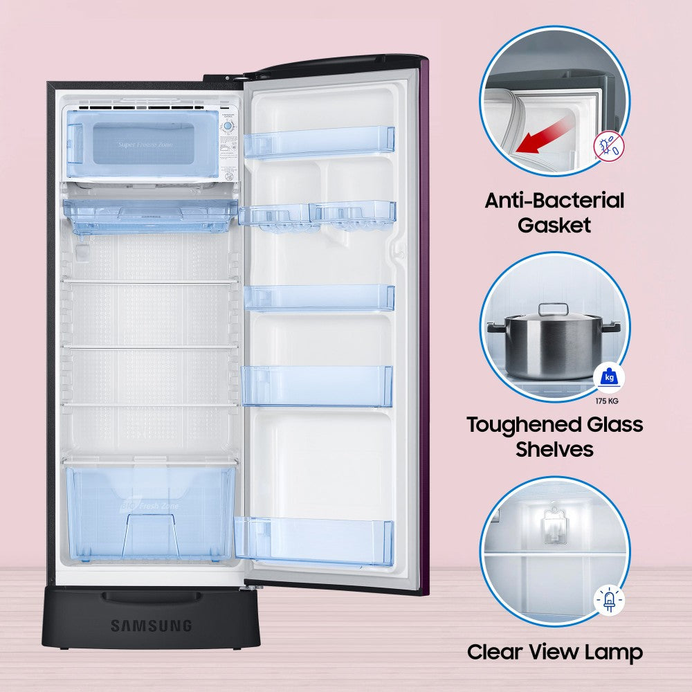 SAMSUNG 223 L Direct Cool Single Door 3 Star Refrigerator with Base Drawer  with Digital Inverter - Camellia Purple, RR24C2Z23CR/NL