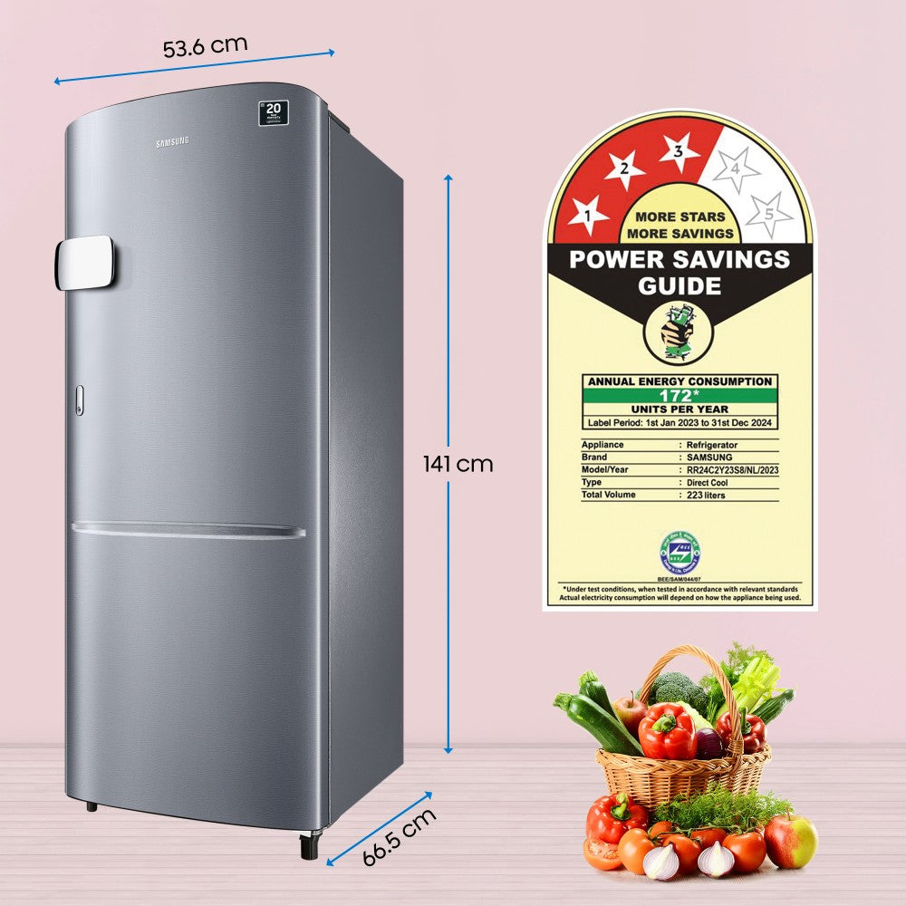 SAMSUNG 223 L Direct Cool Single Door 3 Star Refrigerator  with Digital Inverter - Elegant Inox, RR24C2Y23S8/NL