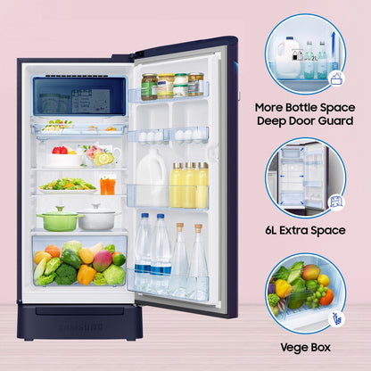 SAMSUNG 189 L Direct Cool Single Door 4 Star Refrigerator with Base Drawer  with Digi-Touch Cool,Digital Inverter - Midnight Blossom Blue, RR21C2F24UZ/HL