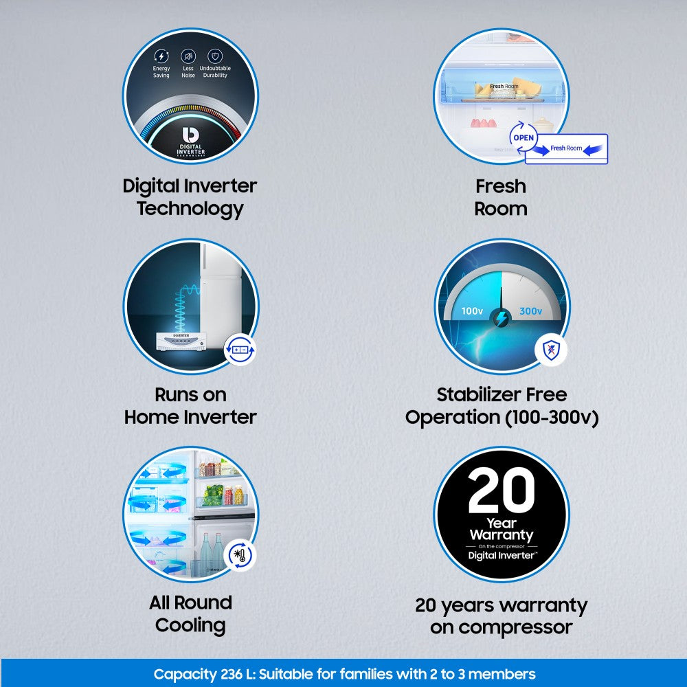 सैमसंग 236 L फ्रॉस्ट फ्री डबल डोर 2 स्टार रेफ्रिजरेटर डिजिटल इन्वर्टर के साथ बेस ड्रॉअर के साथ - एलिगेंट आईनॉक्स, RT28C3122S8/HL
