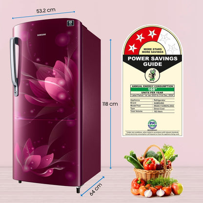 SAMSUNG 183 L Direct Cool Single Door 3 Star Refrigerator  with Digital Inverter - Saffron Red, RR20C1723R8/HL