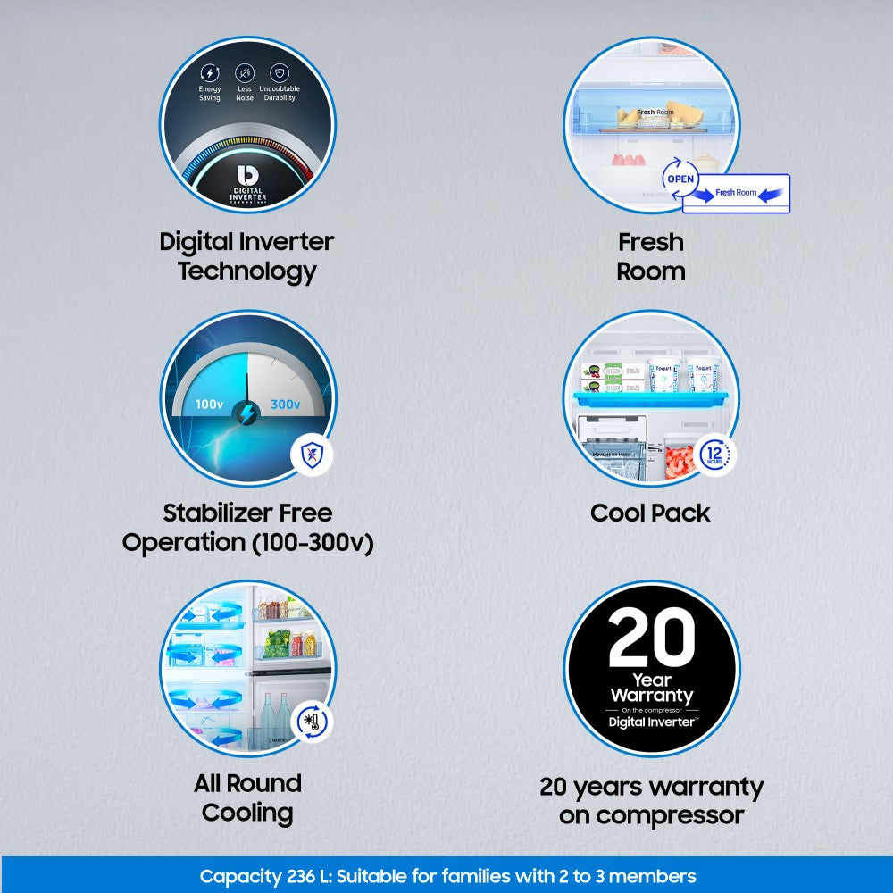 SAMSUNG 236 L Frost Free Double Door 2 Star Refrigerator  with Digital Inverter - Elegant Inox, RT28C3452S8/HL
