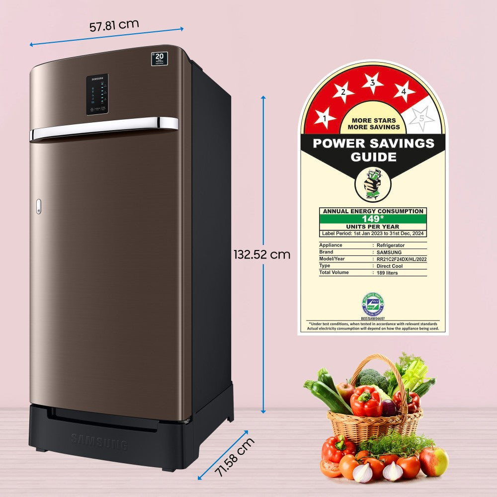 SAMSUNG 189 L Direct Cool Single Door 4 Star Refrigerator with Base Drawer  with Digi-Touch Cool,Digital Inverter - Luxe Brown, RR21C2F24DX/HL