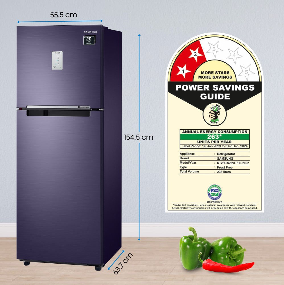 SAMSUNG 236 L Frost Free Double Door 2 Star Refrigerator  with Digital Inverter - Pebble Blue, RT28C3452UT/HL