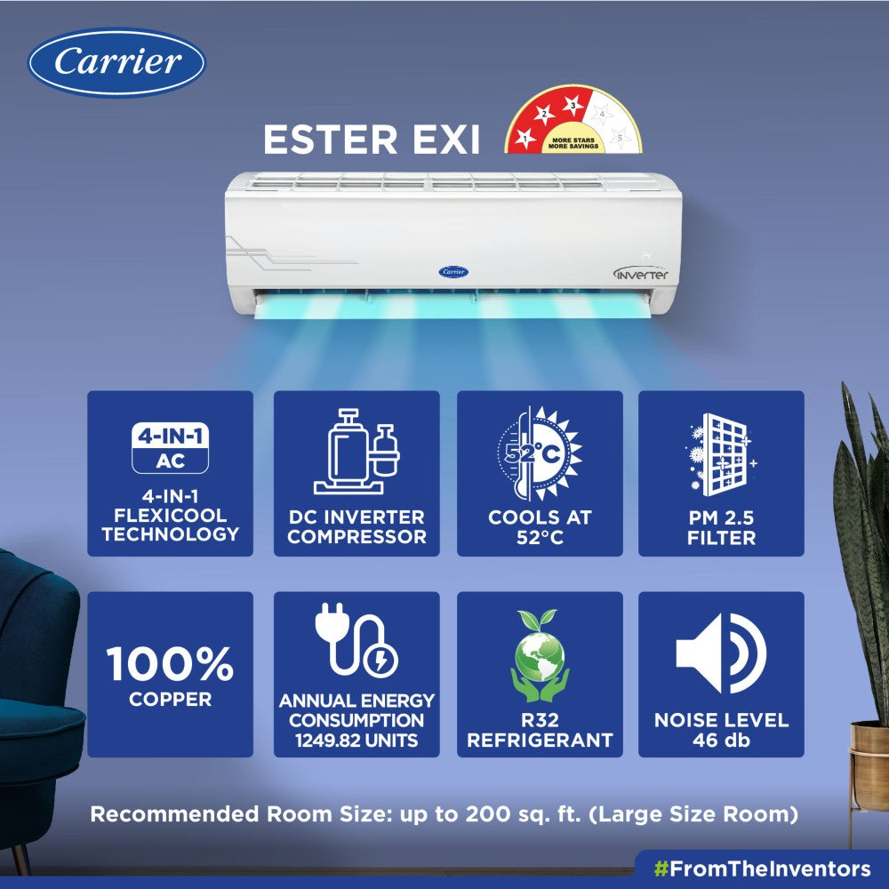 CARRIER कनवर्टिबल 4-इन-1 कूलिंग 2023 मॉडल 2 टन 3 स्टार स्प्लिट AI फ्लेक्सीकूल इन्वर्टर HD और PM 2.5 फ़िल्टर AC के साथ डुअल फिल्ट्रेशन - सफ़ेद - 24K एस्टर EXi इन्वर्टर R32 स्प्लिट AC_CAI24ES3R32F0, कॉपर कंडेनसर