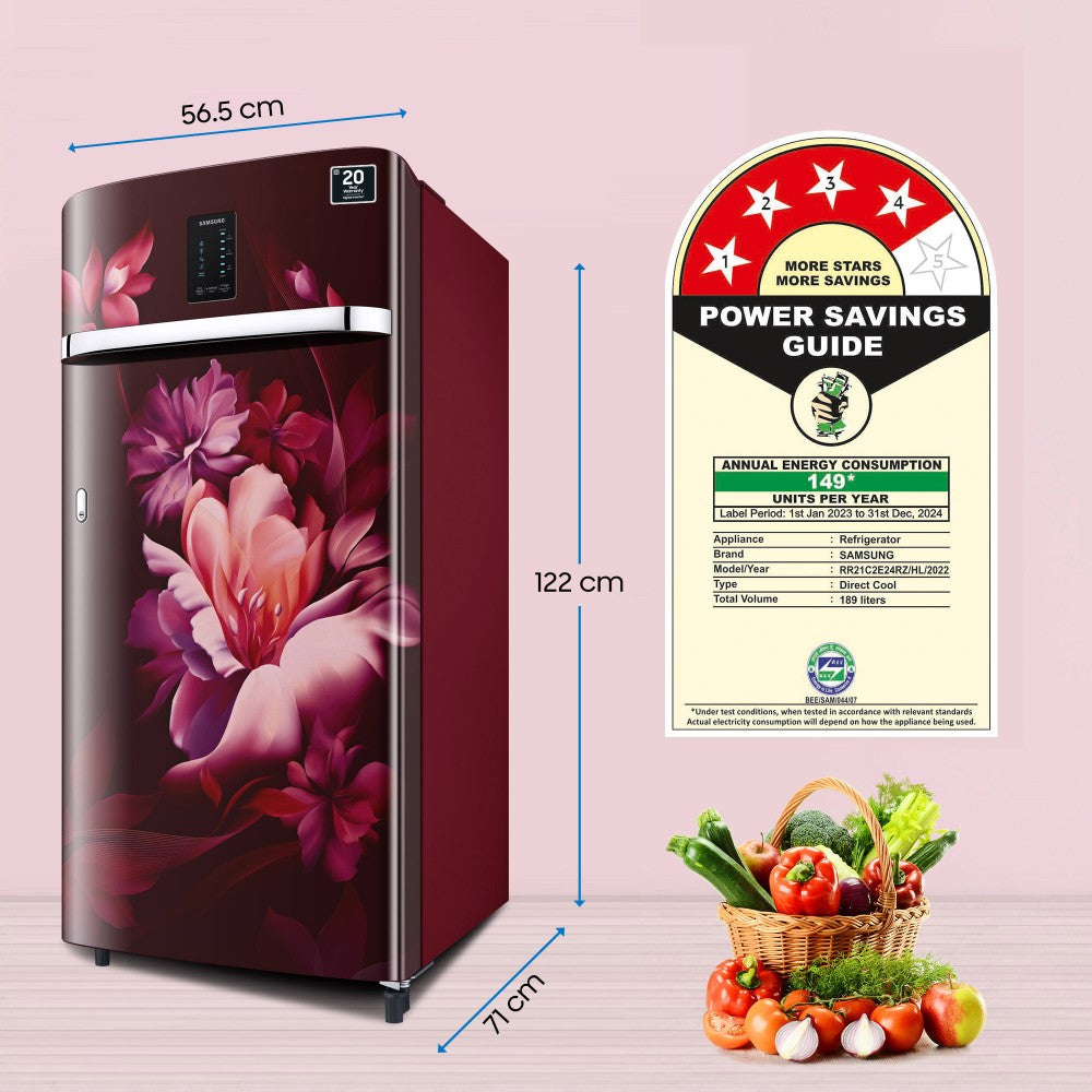 SAMSUNG 189 L Direct Cool Single Door 4 Star Refrigerator  with Digi-Touch Cool, Digital Inverter - Midnight Blossom Red, RR21C2E24RZ/HL