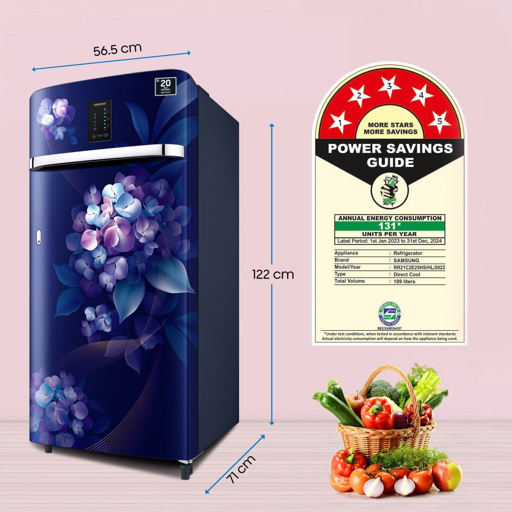 SAMSUNG 189 L Direct Cool Single Door 5 Star Refrigerator  with Digi-Touch Cool,Digital Inverter - Hydrangea Blue, RR21C2E25HS/HL