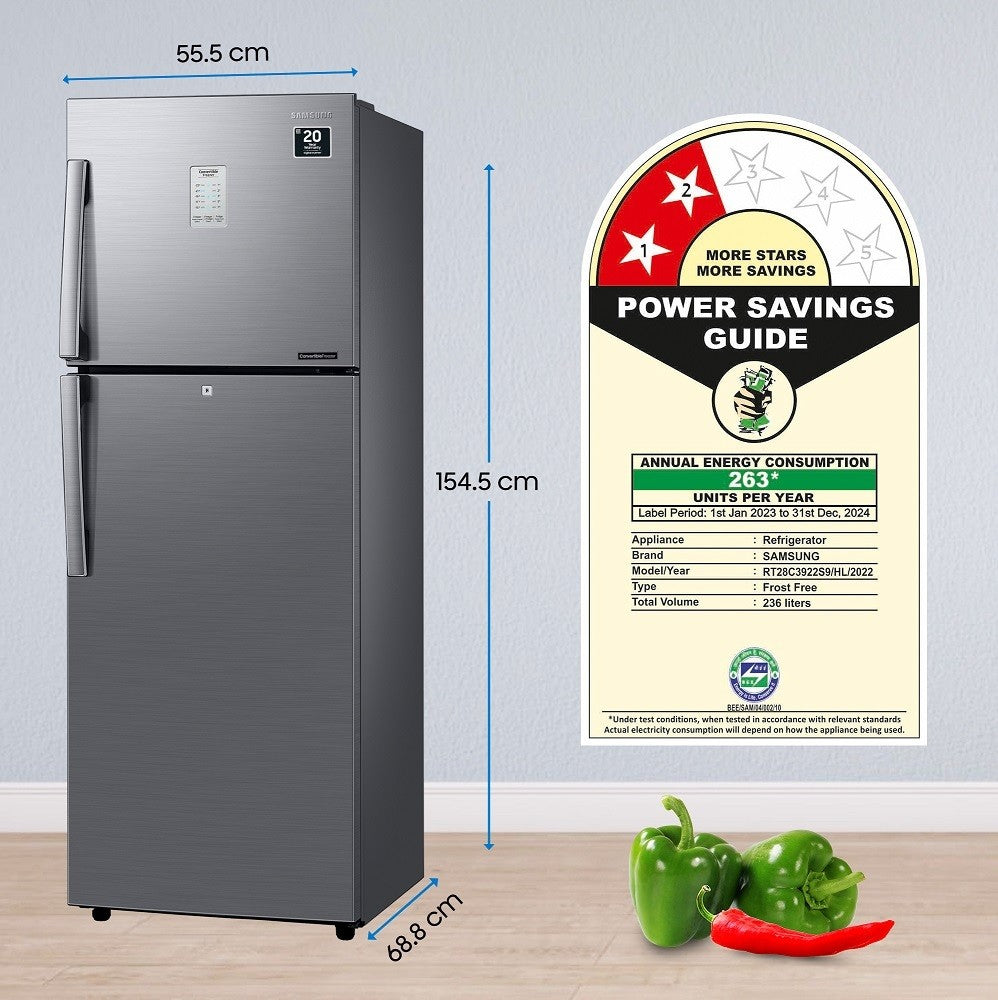 SAMSUNG 236 L Frost Free Double Door 2 Star Convertible Refrigerator - Refined Inox, RT28C3922S9/HL