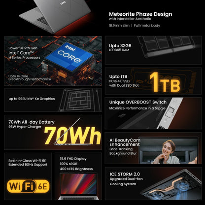 Infinix ZERO BOOK Series Laptop Intel Core i5 12th Gen - (16 GB/512 GB SSD/Windows 11 Home) ZL12 Business Laptop - 15.6 inch, Grey With Meteorite Phase Design, 1.80 Kg, With MS Office