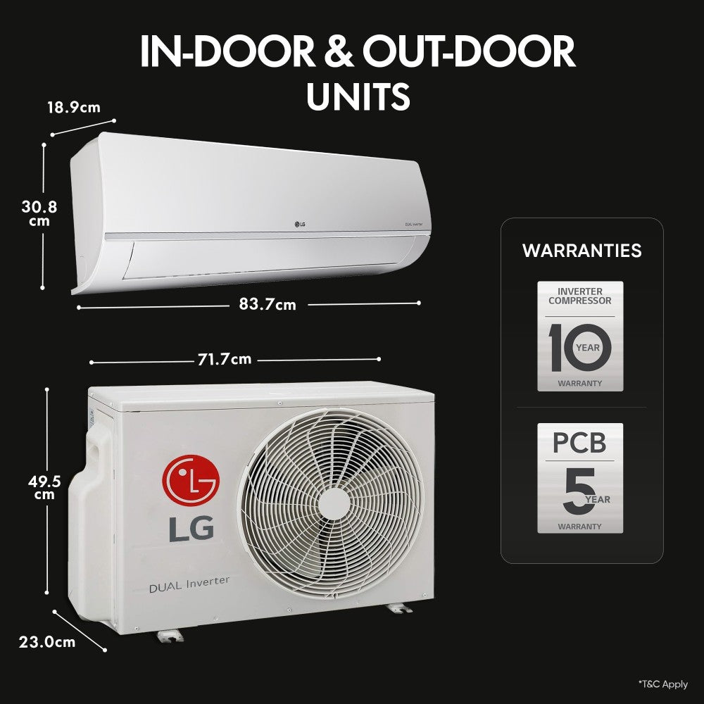 LG Super Convertible 5-in-1 Cooling, 2023 Model 1.2 Ton 3 Star Split Dual Inverter HD Filter with Anti-Virus Protection AC  - White - RS-Q17XNXE, Copper Condenser