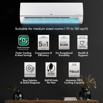 LG Super Convertible 5-in-1 Cooling, 2023 Model 1.2 Ton 3 Star Split Dual Inverter HD Filter with Anti-Virus Protection AC  - White - RS-Q17XNXE, Copper Condenser