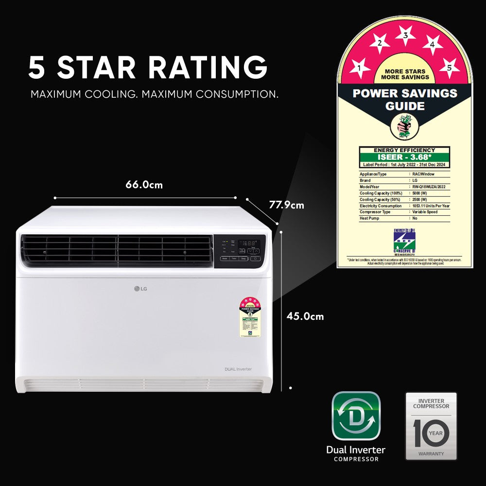 LG 1.5 Ton 5 Star Window Dual Inverter AC  - White - RW-Q18WUZA, Copper Condenser