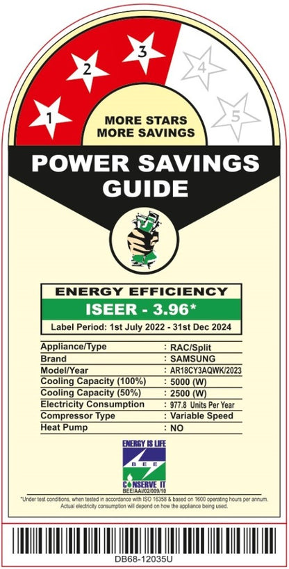 SAMSUNG 1.5 Ton 3 Star Split Inverter AC  - White - AR18CY3AQWK/AR18CY3AQWKNNA/AR18CY3AQWKXNA, Copper Condenser