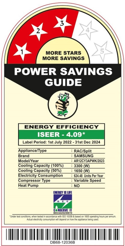 SAMSUNG 1 Ton 3 Star Split Inverter AC  - White - AR12CY3APWK/AR12CY3APWKNNA/AR12CY3APWKXNA, Copper Condenser