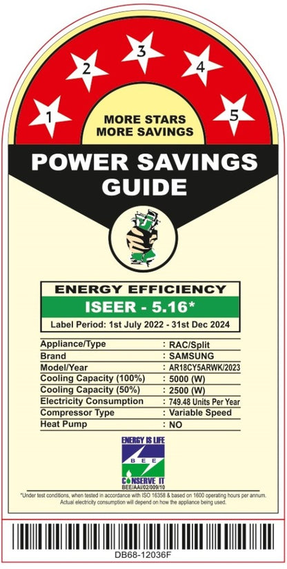 SAMSUNG 1.5 Ton 5 Star Split Inverter AC  - White - AR18CY5ARWK/AR18CY5ARWKNNA/AR18CY5ARWKXNA, Copper Condenser