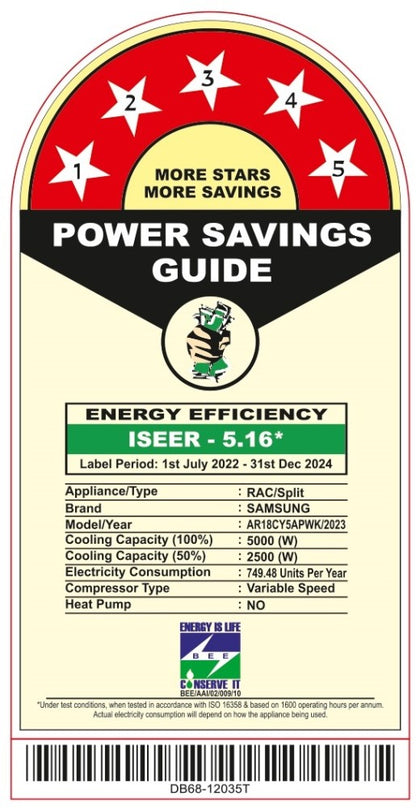 SAMSUNG 1.5 Ton 5 Star Split Inverter AC  - White - AR18CY5APWK/AR18CY5APWKNNA/AR18CY5APWKXNA, Copper Condenser