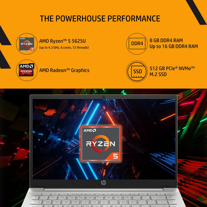 HP Pavilion Ryzen 5 Hexa Core 5625U - (8 GB/512 GB SSD/Windows 11 Home) 14-EC1003AU पतला और हल्का लैपटॉप - 14 इंच, नेचुरल सिल्वर, 1.41 किलोग्राम, MS ऑफिस के साथ