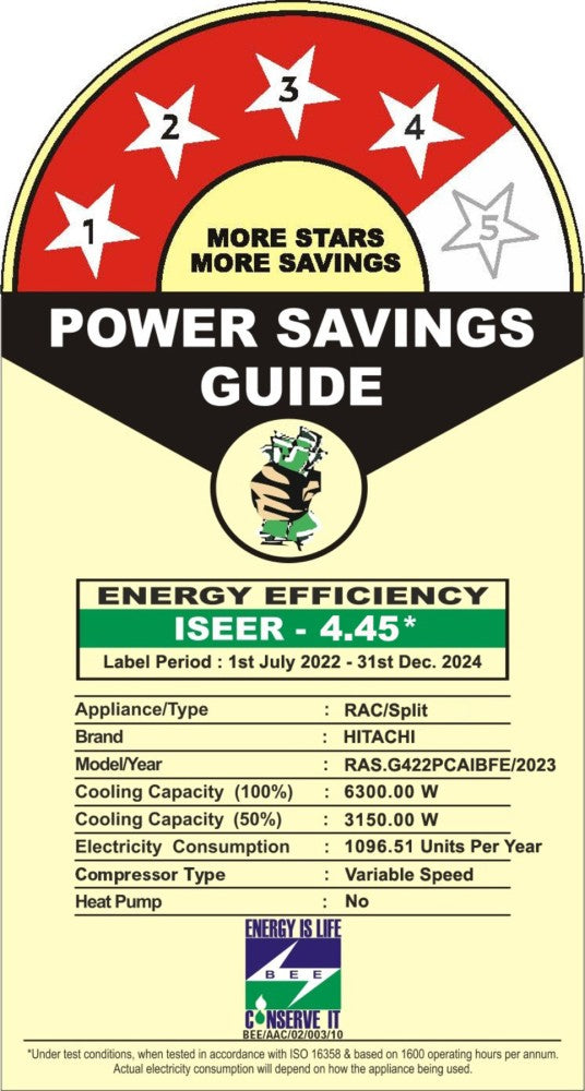 हिताची आइस क्लीन फ्रॉस्ट वॉश टेक्नोलॉजी 2023 मॉडल 1.8 टन 4 स्टार स्प्लिट इन्वर्टर एक्सपेंडेबल प्लस एम्बिएंस लाइट आर 32 एसी - सफेद - RAS.G422PCAIBFE (RAK.G422PCAIBFE / RAC.422WCAIE), कॉपर कंडेनसर