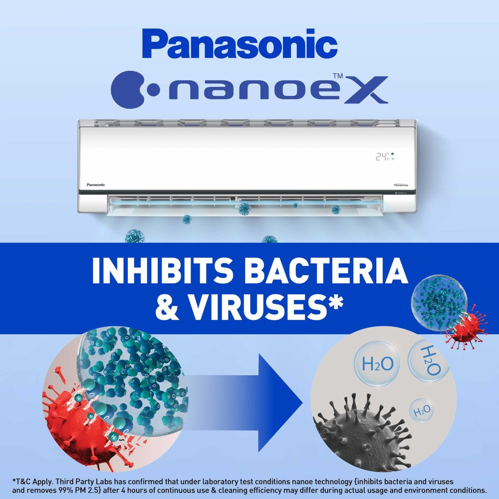 पैनासोनिक कन्वर्टिबल 7-इन-1 एडिशनल एआई मोड कूलिंग 2023 मॉडल 1.5 टन 4 स्टार स्प्लिट इन्वर्टर 4 वे स्विंग के साथ, नैनो-जी एयर प्यूरीफिकेशन टेक्नोलॉजी एसी वाई-फाई कनेक्ट के साथ - सफेद - CS/CU-PU18YKY4W, कॉपर कंडेंसर
