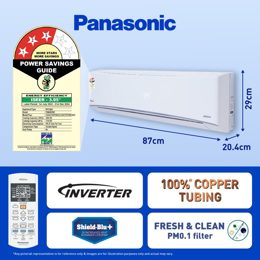 Panasonic Convertible 7-in-1 with Additional AI Mode Cooling 2023 Model 1 Ton 3 Star Split Inverter with 2 Way Swing, PM 0.1 Air Purification Filter AC with Wi-fi Connect  - White - CS/CU-SU12YKYWA, Copper Condenser