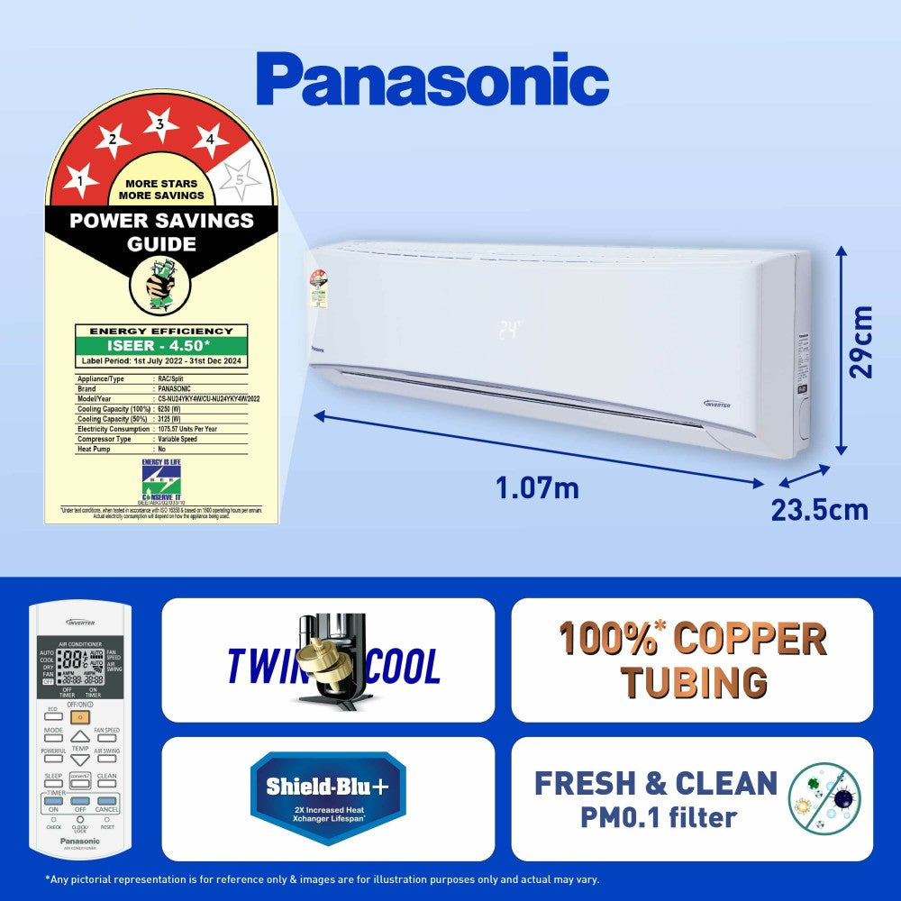 Panasonic Convertible 7-in-1 with Additional AI Mode Cooling 2023 Model 2 Ton 4 Star Split Inverter with 4 Way Swing, PM 0.1 Air Purification Filter AC with Wi-fi Connect  - White - CS/CU-NU24YKY4W, Copper Condenser