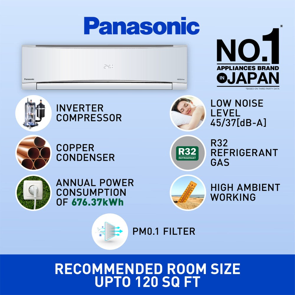 Panasonic Convertible 7-in-1 with Additional AI Mode Cooling 2023 Model 1 Ton 3 Star Split Inverter with 2 Way Swing, PM 0.1 Air Purification Filter AC with Wi-fi Connect  - White - CS/CU-SU12YKYWA, Copper Condenser