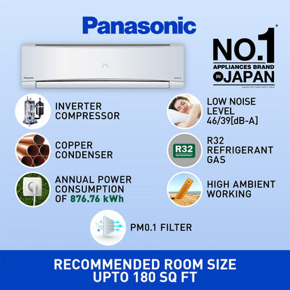 Panasonic Convertible 7-in-1 with Additional AI Mode Cooling 2023 Model 1.5 Ton 4 Star Split Inverter with 4 Way Swing, PM 0.1 Air Purification Filter AC with Wi-fi Connect  - White - CS/CU-NU18YKY4W, Copper Condenser