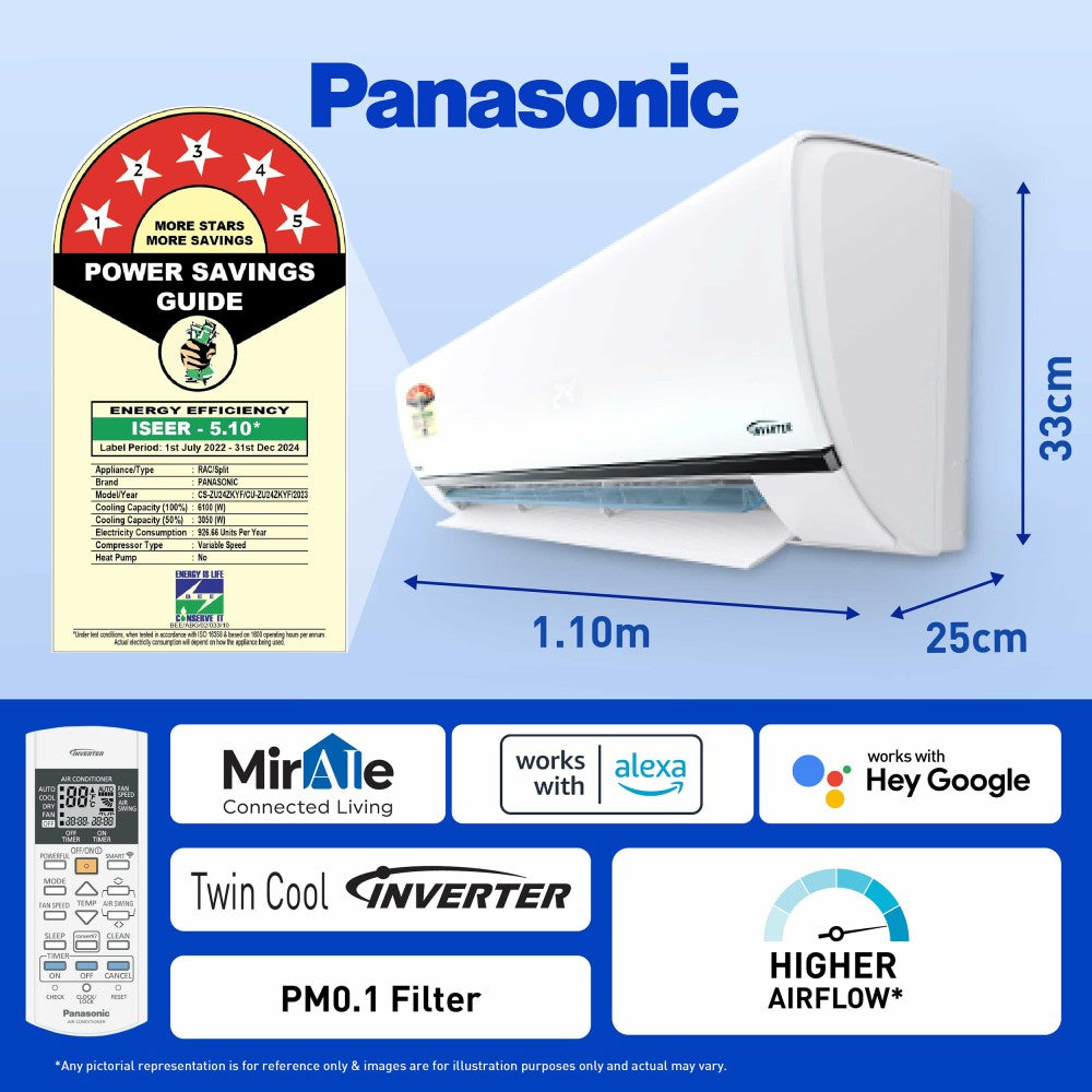 Panasonic कनवर्टिबल 7-इन-1 एडिशनल AI मोड कूलिंग 2023 मॉडल 2 टन 5 स्टार स्प्लिट इन्वर्टर 4 वे स्विंग के साथ, PM 0.1 एयर प्यूरिफिकेशन फ़िल्टर AC Wi-Fi कनेक्ट के साथ - सफ़ेद - CS/CU-ZU24ZKYF, कॉपर कंडेंसर