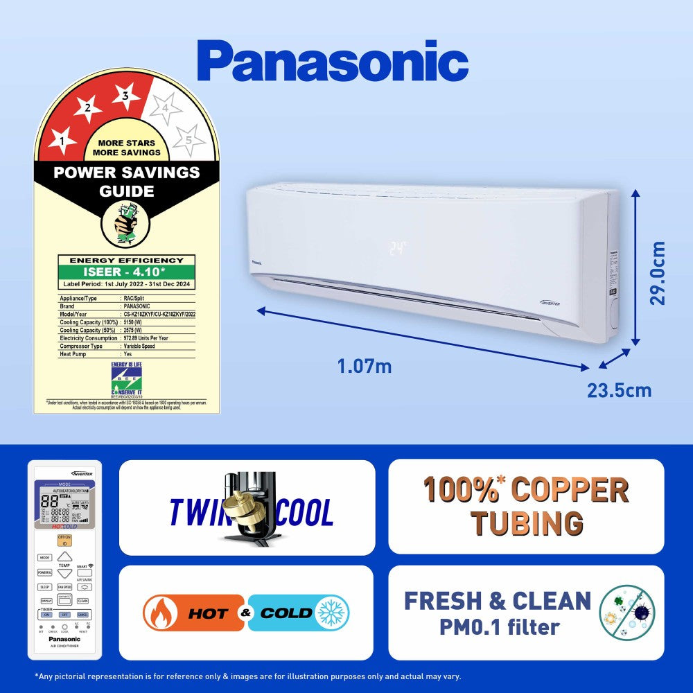 Panasonic कनवर्टिबल 7-इन-1 अतिरिक्त AI मोड के साथ हॉट और कोल्ड 2023 मॉडल 1.5 टन 3 स्टार स्प्लिट इन्वर्टर 2 वे स्विंग के साथ, PM 0.1 एयर प्यूरिफिकेशन फ़िल्टर AC वाई-फ़ाई कनेक्ट के साथ - सफ़ेद - CS/CU-KZ18ZKYF, कॉपर कंडेंसर