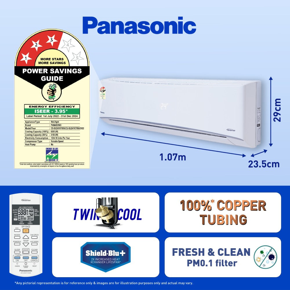 Panasonic Convertible 7-in-1 with Additional AI Mode Cooling 2023 Model 2 Ton 3 Star Split Inverter with 2 Way Swing, PM 0.1 Air Purification Filter AC with Wi-fi Connect  - White - CS/CU-SU24YKYWA, Copper Condenser