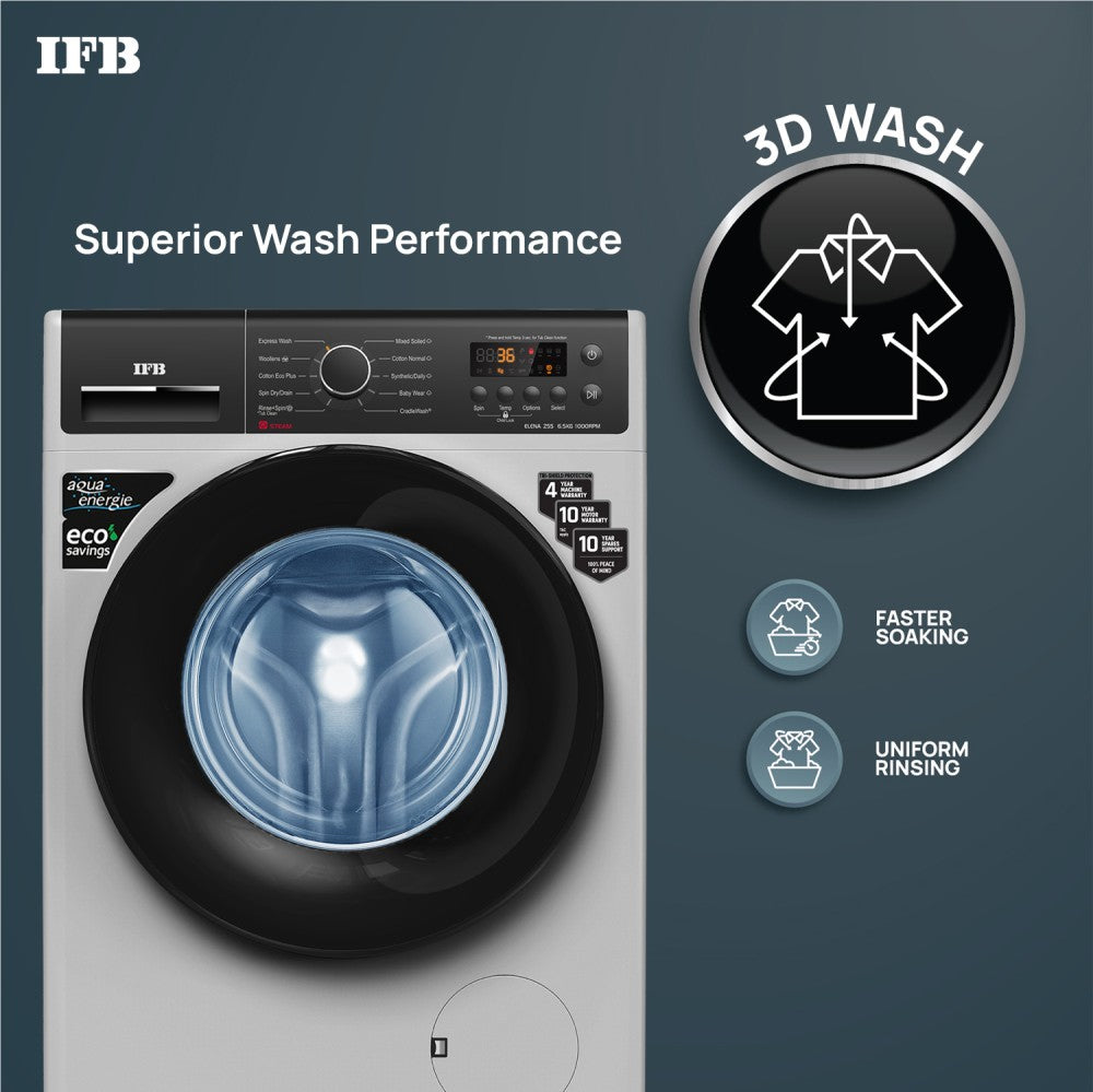 IFB 6.5 kg with Steam Wash, Aqua Energie, Anti-Allergen 4 years Comprehensive Warranty Fully Automatic Front Load Washing Machine with In-built Heater Silver - ELENA ZSS 6510