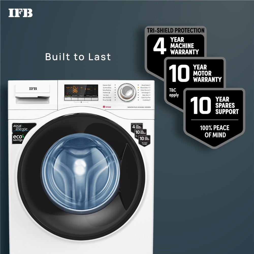 IFB 8 kg Steam Wash 4 years Comprehensive Warranty Fully Automatic Front Load Washing Machine with In-built Heater White - SENATOR PLUS VXS 8012