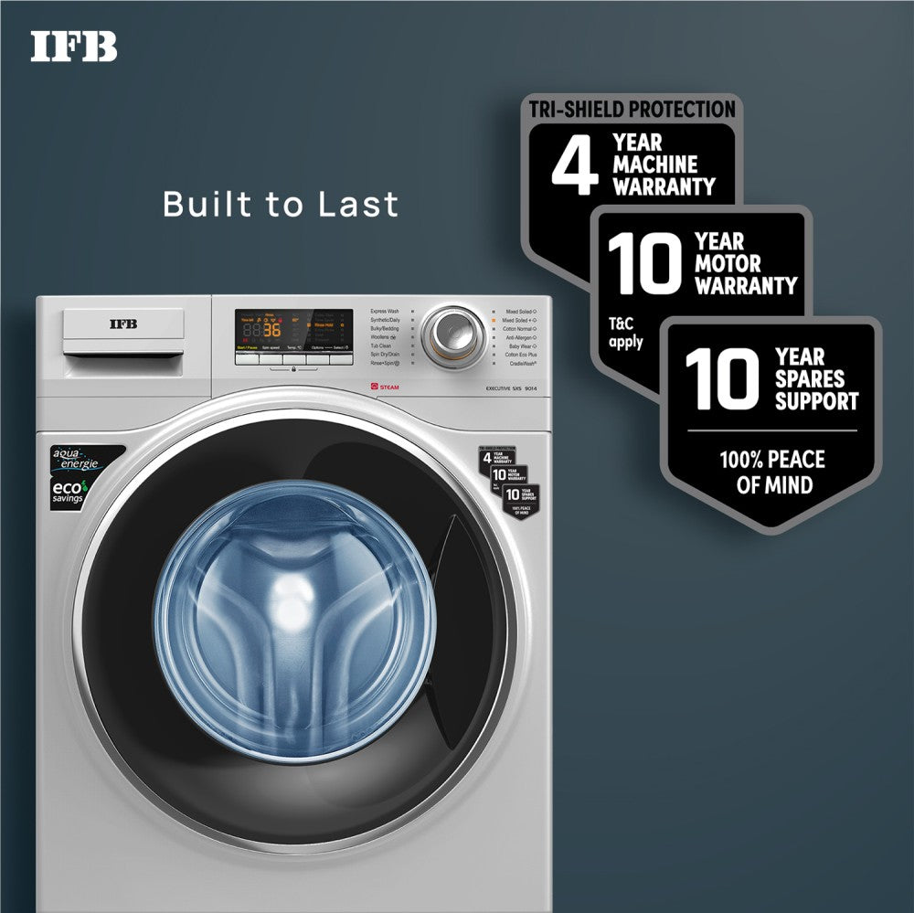 IFB 9 kg 2X Power Dual Steam, Hard Water Wash, Active Color Protection 4 years Comprehensive Warranty Fully Automatic Front Load Washing Machine with In-built Heater Silver - Executive SXS 9014