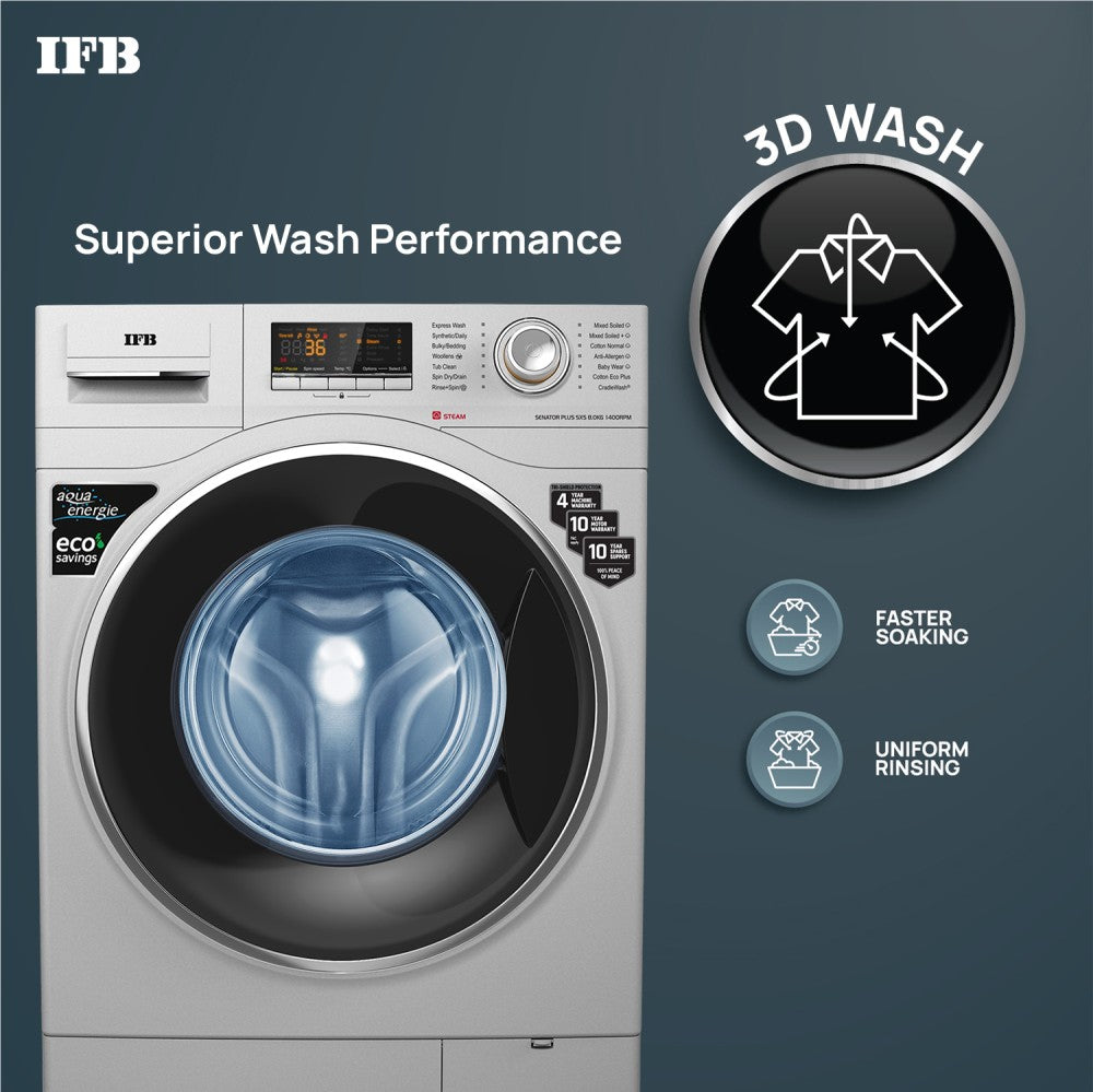आईएफबी 8 किलो स्टीम वॉश, एक्वा एनर्जी, एंटी-एलर्जन के साथ 4 साल की व्यापक वारंटी, इन-बिल्ट हीटर सिल्वर के साथ पूरी तरह से स्वचालित फ्रंट लोड वॉशिंग मशीन - सीनेटर प्लस एसएक्सएस 8014