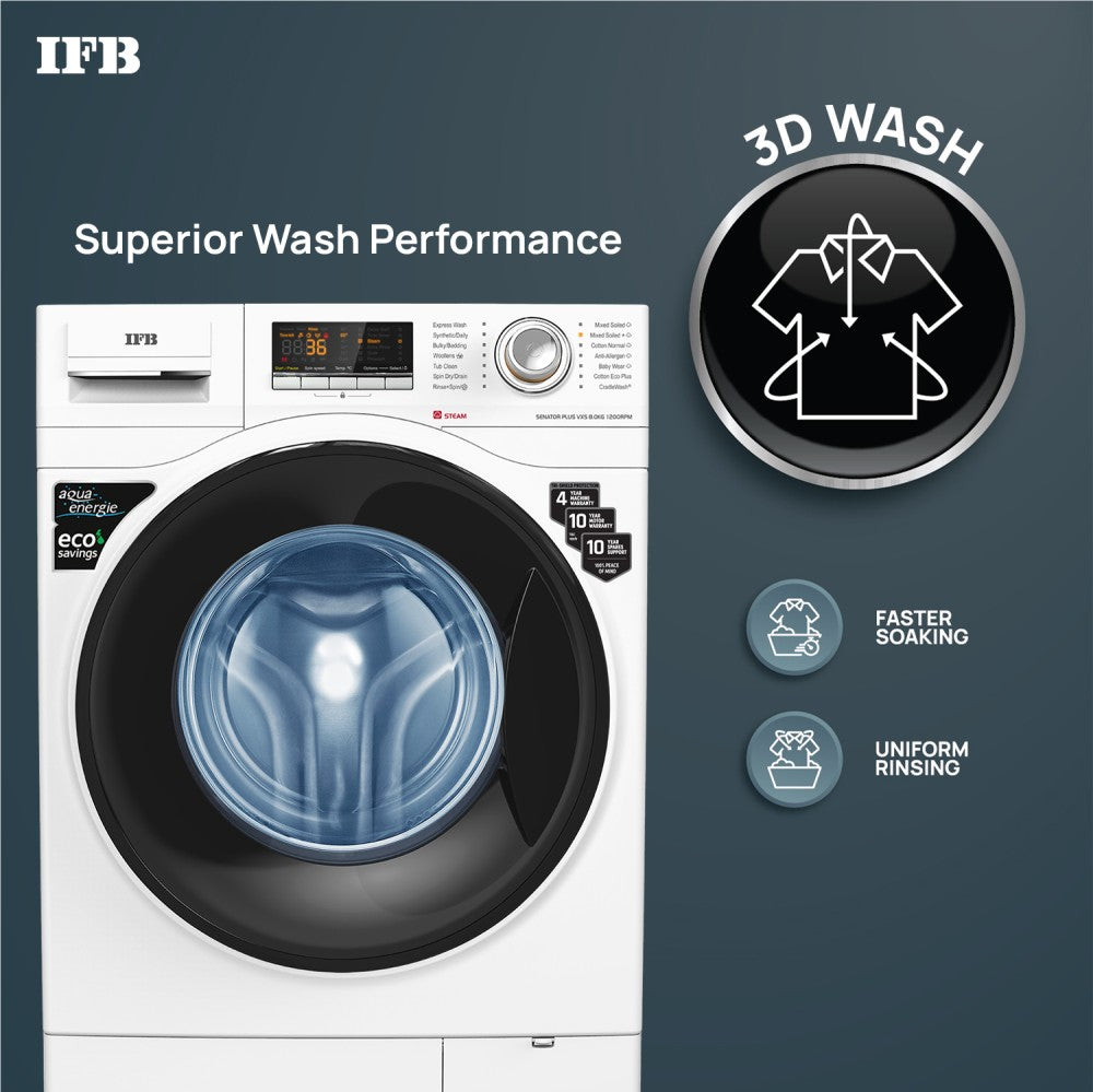 IFB 8 kg Steam Wash 4 years Comprehensive Warranty Fully Automatic Front Load Washing Machine with In-built Heater White - SENATOR PLUS VXS 8012