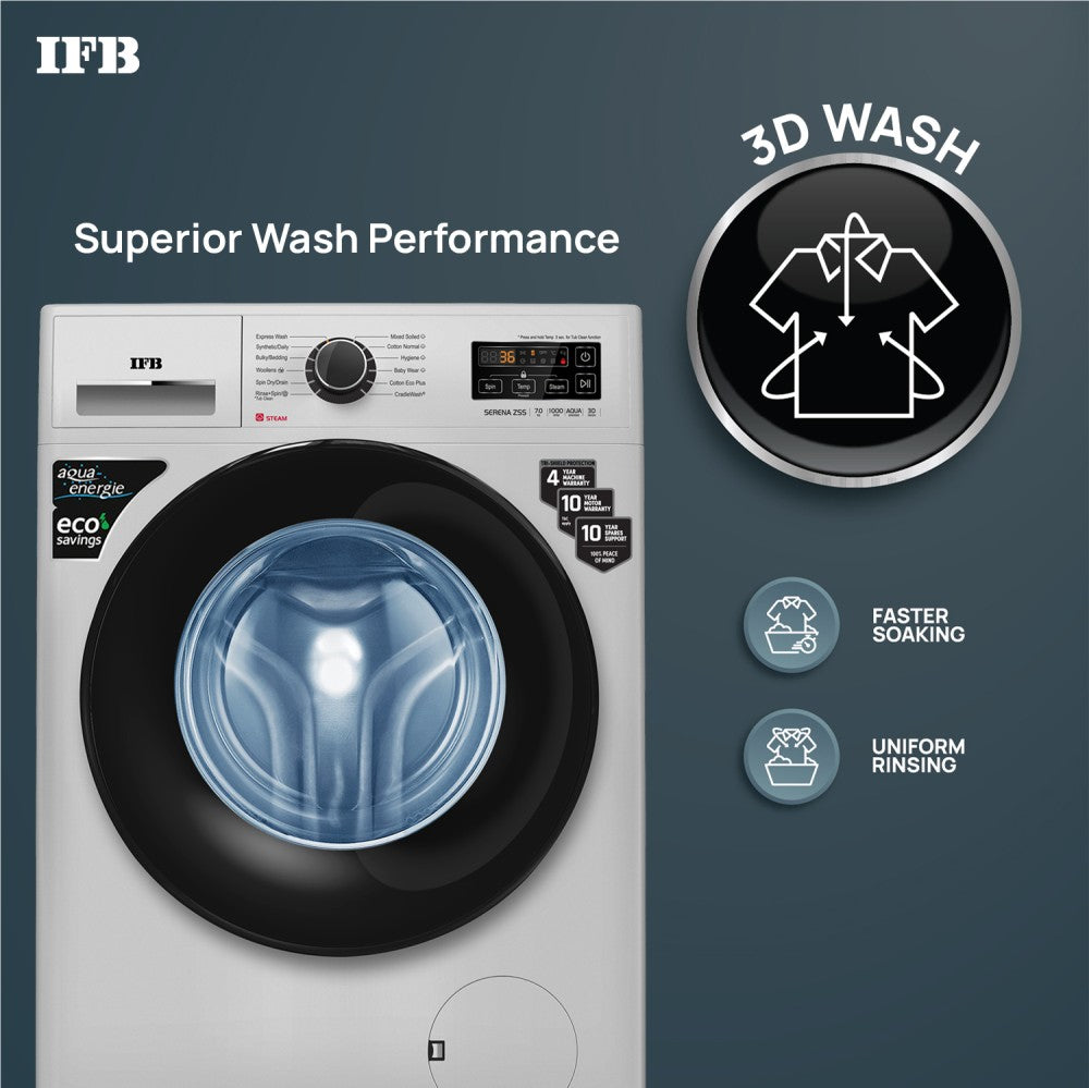 IFB 7 किग्रा स्टीम वॉश के साथ, एक्वा एनर्जी, एंटी-एलर्जन 4 साल की व्यापक वारंटी इन-बिल्ट हीटर सिल्वर के साथ पूरी तरह से स्वचालित फ्रंट लोड वाशिंग मशीन - सेरेना ZSS 7010