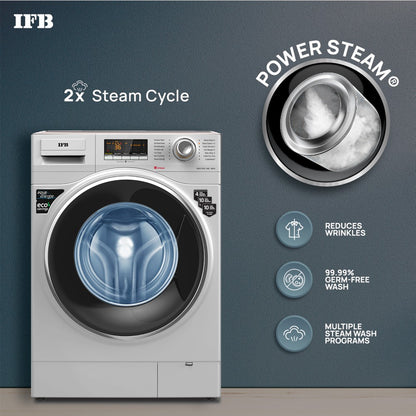 IFB 9 kg 2X Power Dual Steam, Hard Water Wash, Active Color Protection 4 years Comprehensive Warranty Fully Automatic Front Load Washing Machine with In-built Heater Silver - Executive SXS 9014