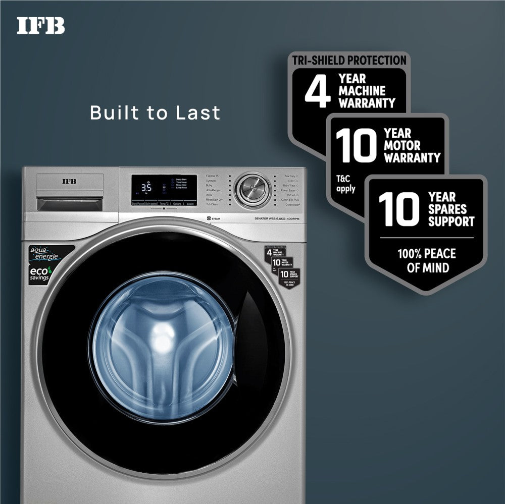 IFB 8 kg with Steam Wash, Aqua Energie, Anti-Allergen 4 years Comprehensive Warranty Fully Automatic Front Load Washing Machine Grey - senator WSS steam