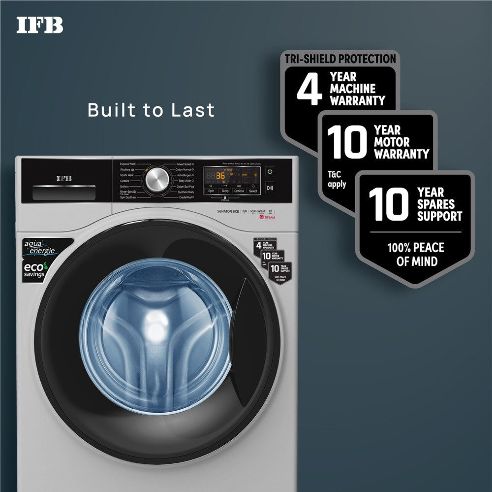 IFB 8 kg Steam Wash 4 years Comprehensive Warranty Fully Automatic Front Load Washing Machine with In-built Heater Silver - SENATOR SXS 8012