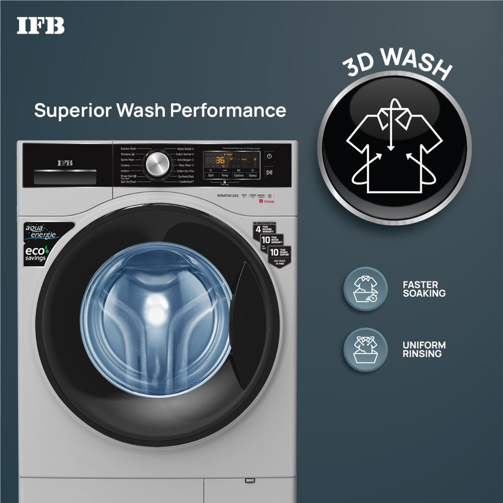 IFB 8 kg Steam Wash 4 years Comprehensive Warranty Fully Automatic Front Load Washing Machine with In-built Heater Silver - SENATOR SXS 8012