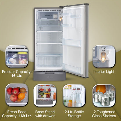 LG 185 L Direct Cool Single Door 3 Star Refrigerator with Base Drawer  with Fast Ice Making - Shiny Steel, GL-D199OPZD