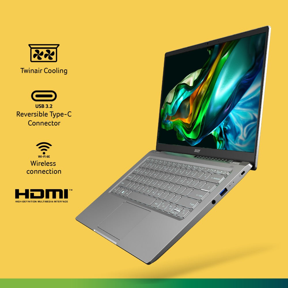 Acer Swift Go 14 Ryzen 5 Hexa Core 7530U - (8 GB/512 GB SSD/Windows 11 Home) SFG14-41 नोटबुक - 14 इंच, प्योर सिल्वर, 1.25 Kg, MS Office के साथ