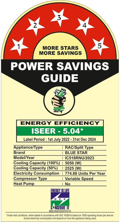 ब्लू स्टार 1.5 टन 5 स्टार स्प्लिट इन्वर्टर एसी - सफेद - IC518RNU, कॉपर कंडेनसर