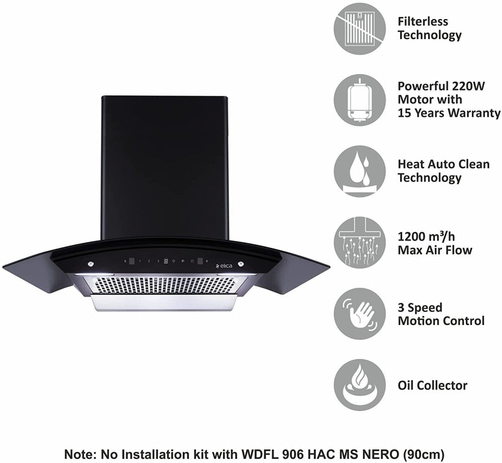 एलिका डब्ल्यूडीएफएल 906 एचएसी एलटीडब्ल्यू एमएस नीरो ऑटो क्लीन वॉल माउंटेड चिमनी - ब्लैक 1200 सीएमएच