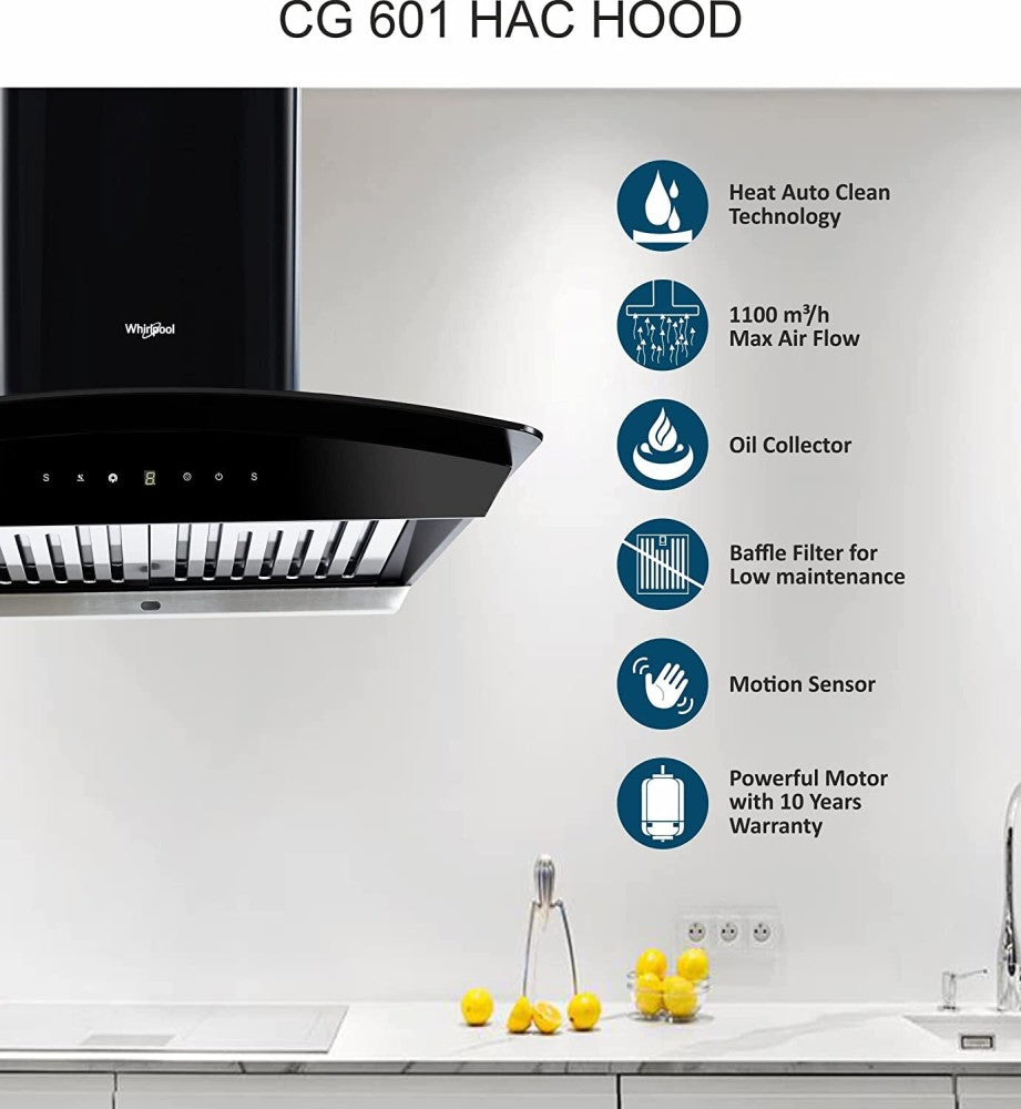 Whirlpool CG 601 HAC HOOD Auto Clean Wall Mounted Chimney - Black 1100 CMH