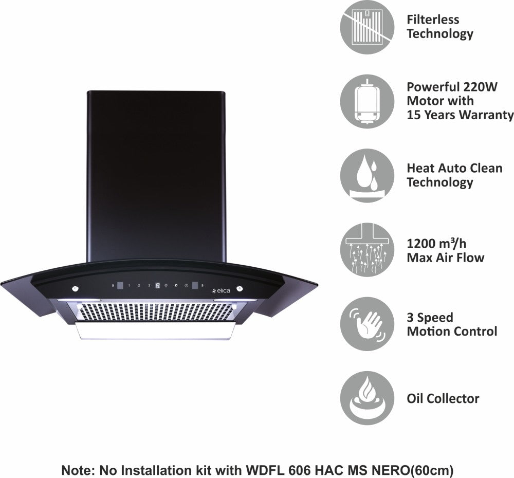 Elica WDFL 606 HAC LTW MS NERO Auto Clean Wall Mounted Chimney - Black 1200 CMH