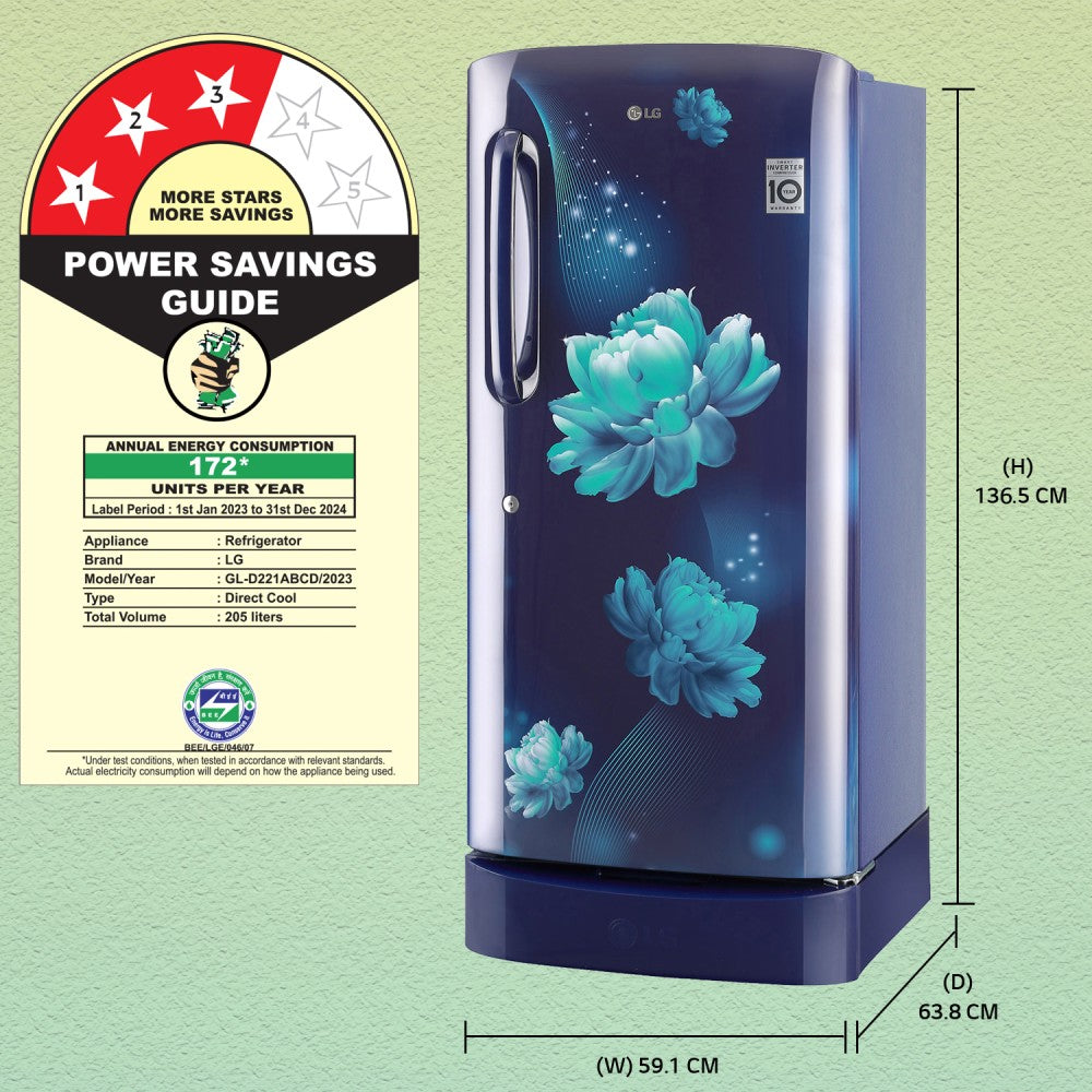 LG 205 L Direct Cool Single Door 3 Star Refrigerator with Base Drawer - Blue Charm, GL-D221ABCD