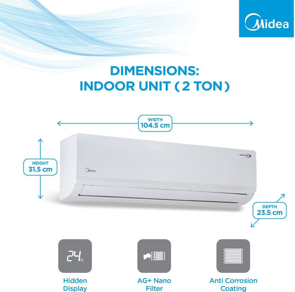 Midea 2023 Model 2 Ton 5 Star Split Inverter HD Filter with 2 Way Air Directional Control,Gear Function for convertible cooling, Auto Cleanser, Intelligent CRF Alert, Voice Enabled AC with Wi-fi Connect  - White - MAI24SR5R32W0, Copper Condenser