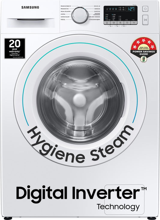 सैमसंग 7 किलो 5 स्टार हाइजीन स्टीम और डिजिटल इन्वर्टर के साथ इन-बिल्ट हीटर व्हाइट के साथ फुली ऑटोमैटिक फ्रंट लोड वाशिंग मशीन - WW70T4020EE1TL
